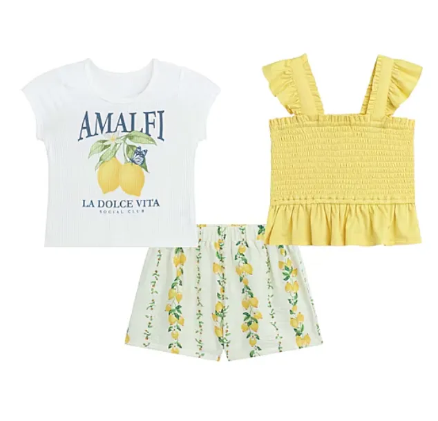by&by girl Kız Bebek Limon Desenli Sarı 3’lü Şortlu Yazlık Takım