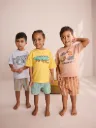 Next Çocuk 3’lü Set 4-5 Yaş Mavi Sarı Pembe Çizgili Hayvan Desenli Kısa Kollu Şortlu Pijama Takım