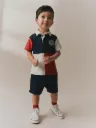 Next Çocuk 4-5 Yaş Kırmızı Mavi Yeşil Renk Bloklu Kısa Kollu Polo Yaka Tişört ve Şort 2’li Takım