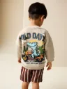 Next Çocuk 6-7 Yaş Bej Baskılı Uzun Kollu Sweatshirt ve Kahverengi Çizgili Şort 2’li Takım