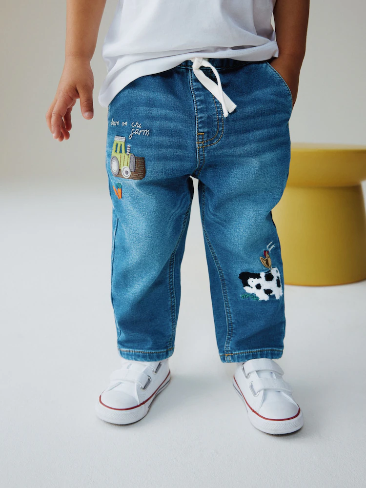 Next Çocuk 5-6 Yaş Mavi Çiftlik Desenli Nakışlı Beli Bağcıklı Jean Pantolon